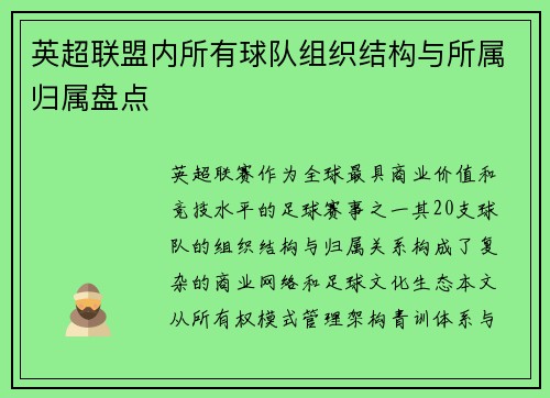 英超联盟内所有球队组织结构与所属归属盘点