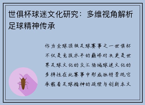 世俱杯球迷文化研究：多维视角解析足球精神传承